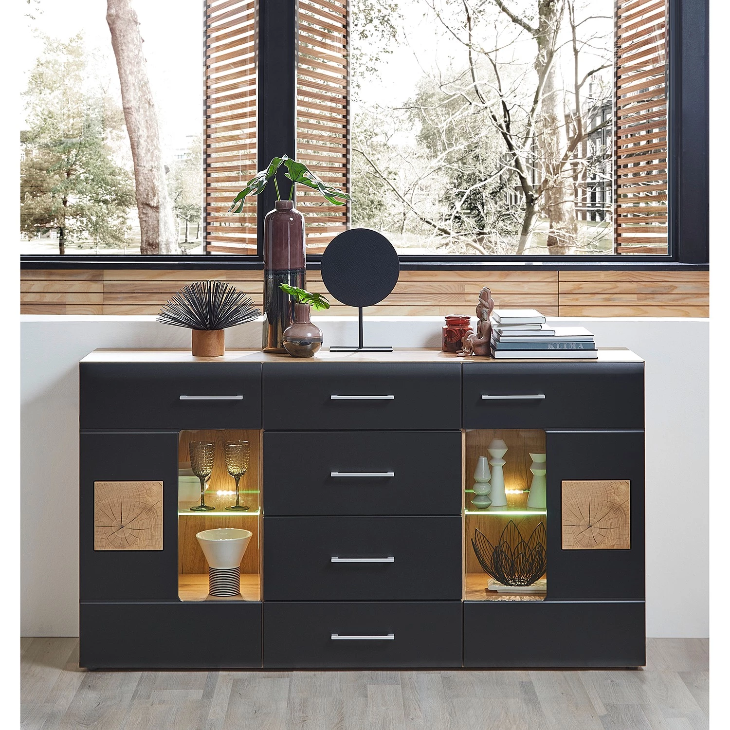 Loftscape Buffet Belloc - Avec éclairage - Noir mat / Imitation chêne 3 Loftscape Buffet Belloc - Avec éclairage - Noir mat / Imitation chêne – Image 2