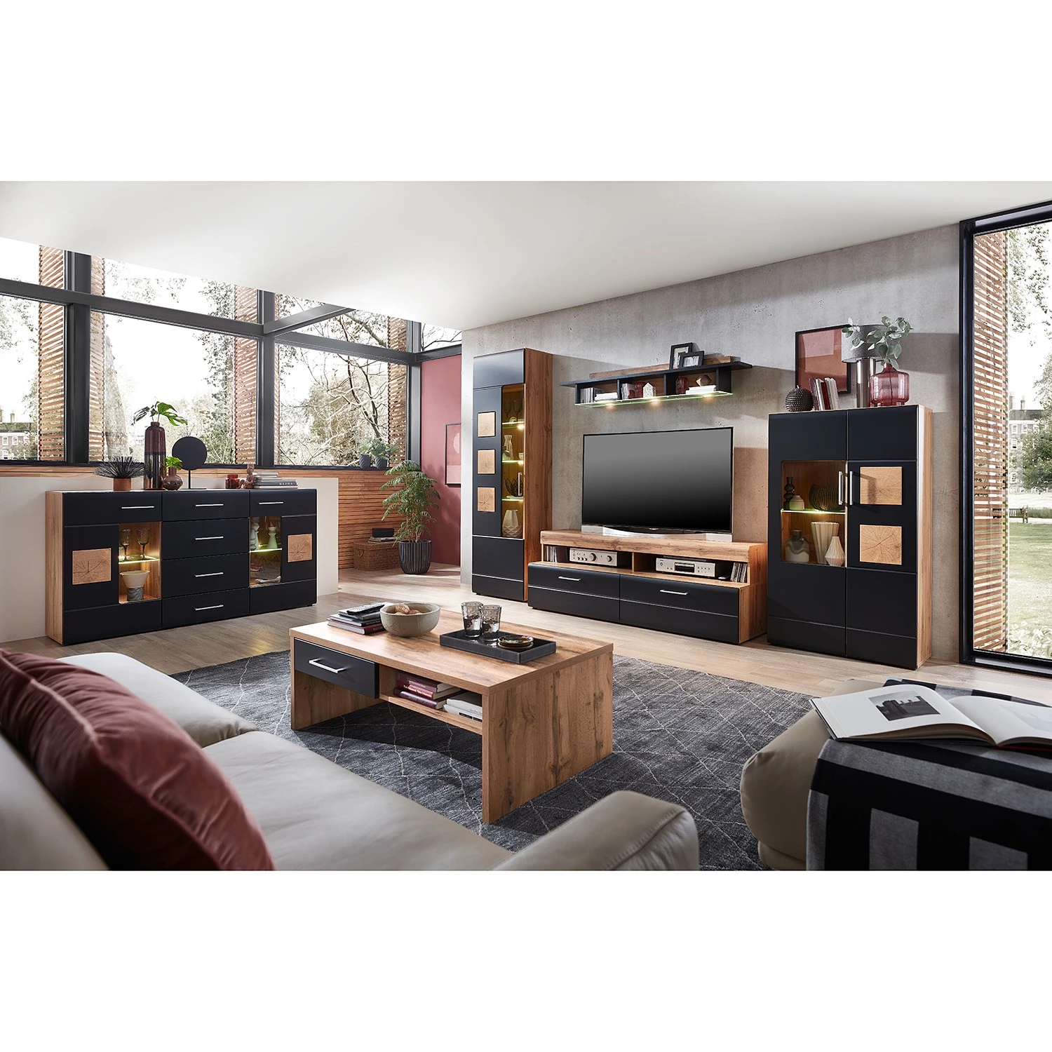 Loftscape Buffet Belloc - Avec éclairage - Noir mat / Imitation chêne 4 Loftscape Buffet Belloc - Avec éclairage - Noir mat / Imitation chêne – Image 3