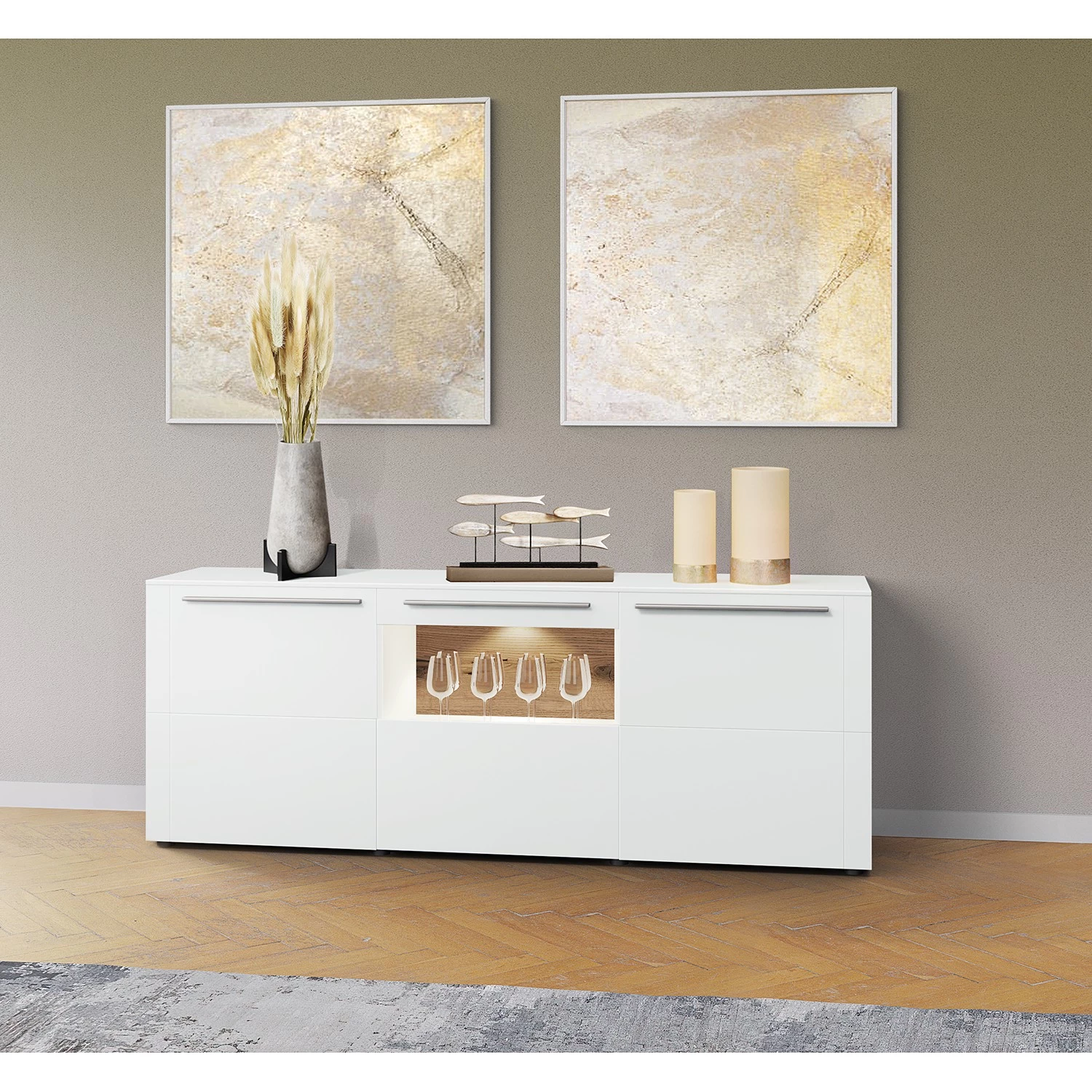 GWINNER Buffet Bellano III - Placage en bois véritable - Mat blanc / Chêne de poutre - Avec éclairage 4 GWINNER Buffet Bellano III - Placage en bois véritable - Mat blanc / Chêne de poutre - Avec éclairage – Image 2