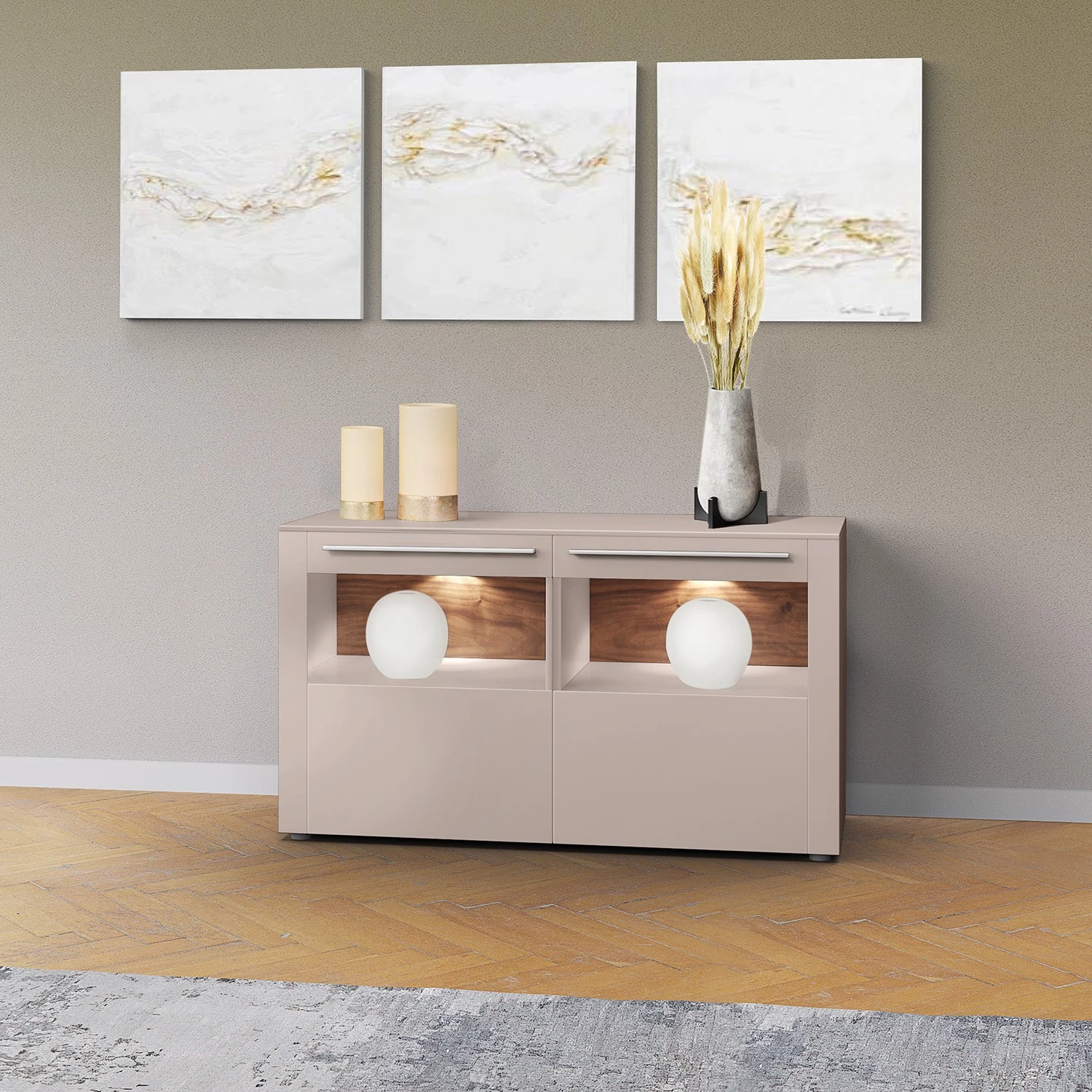 GWINNER Buffet Bellano IV - Placage en bois véritable - Mat fango / Noyer ramageux - Avec éclairage 4 GWINNER Buffet Bellano IV - Placage en bois véritable - Mat fango / Noyer ramageux - Avec éclairage – Image 2