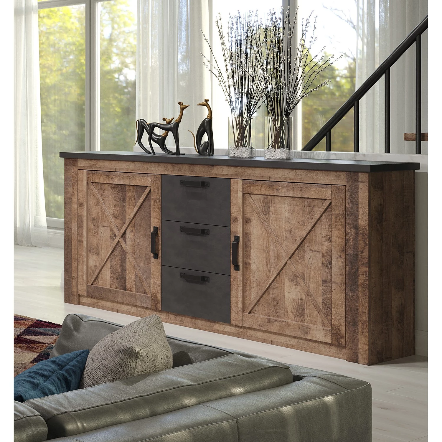 Trendteam Buffet Georgia - Gris foncé / Imitation chêne rustique 4 Trendteam Buffet Georgia - Gris foncé / Imitation chêne rustique – Image 2
