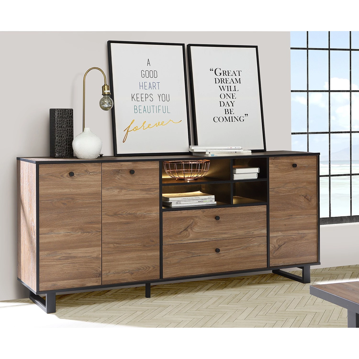 Red Living Buffet Trylith I - Imitation chêne rustique / Noir 5 Red Living Buffet Trylith I - Imitation chêne rustique / Noir – Image 3