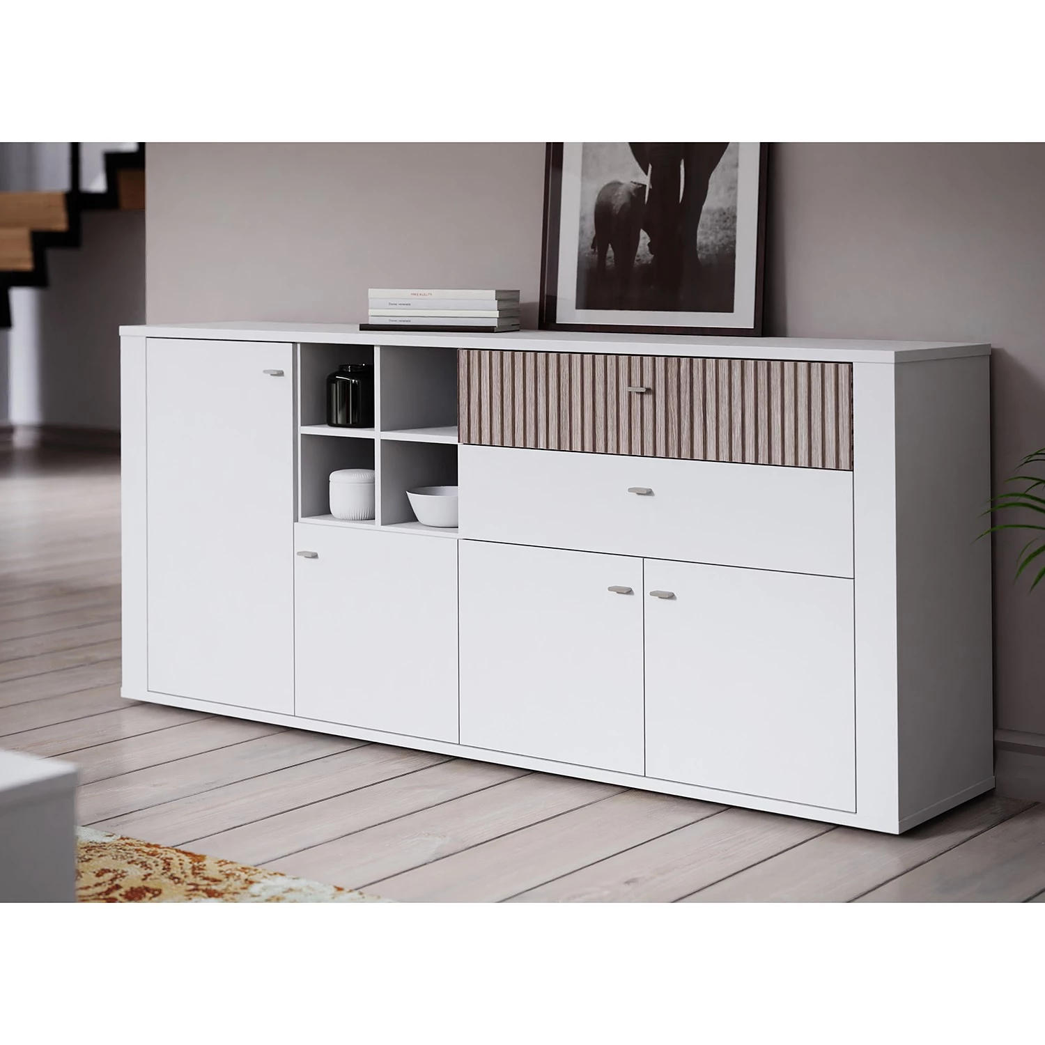 Loftscape Buffet Millquarter - Blanc / Imitation chêne clair 4 Loftscape Buffet Millquarter - Blanc / Imitation chêne clair – Image 2